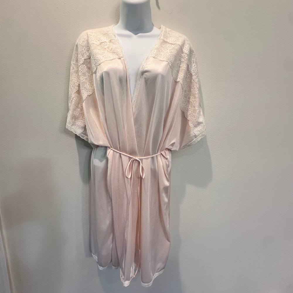 Vintage Light Peach Lace Trim Short‎ Robe Kimono Made in USA WPL 11995 Large
